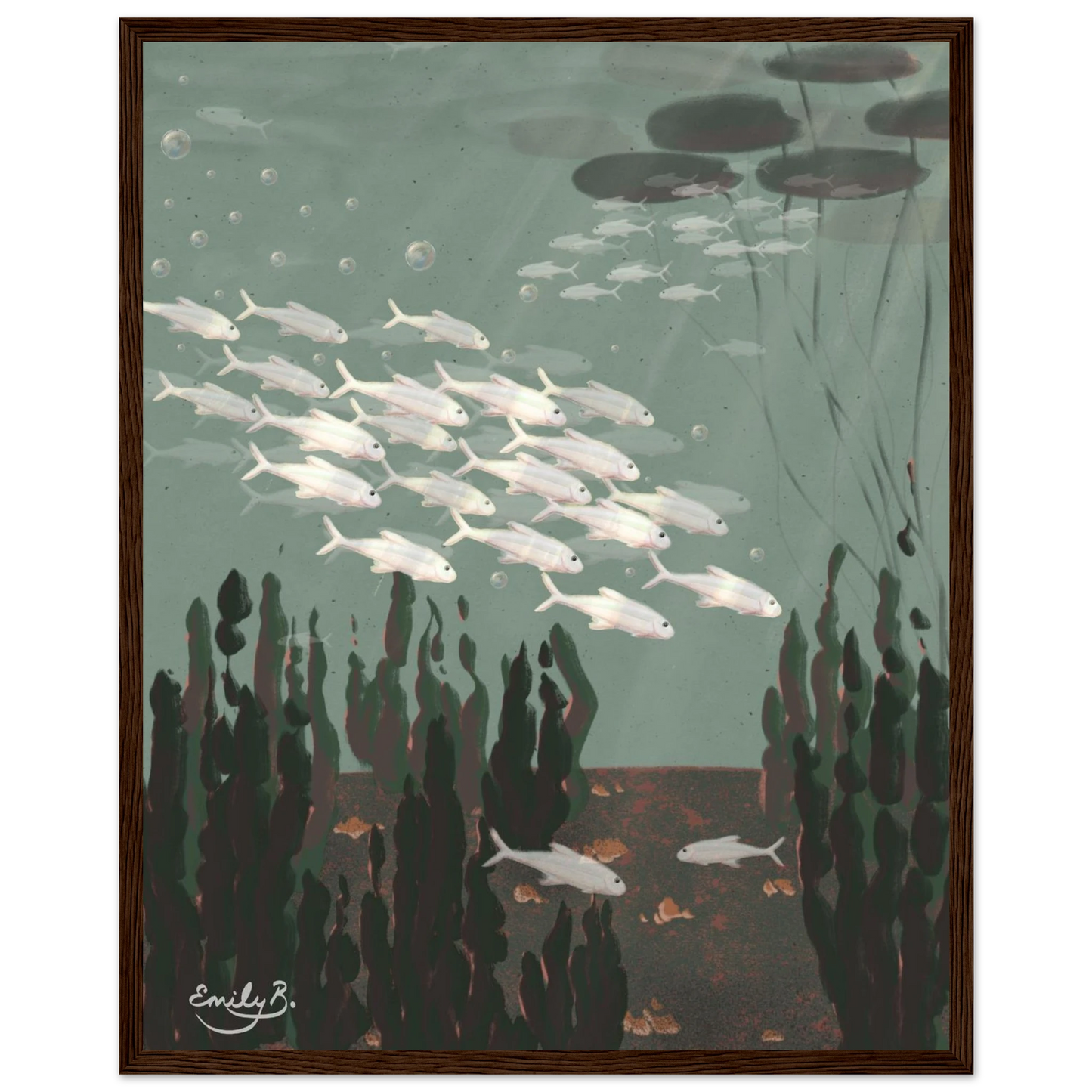 Just the Fish framed illustration of a layered underwater river scene