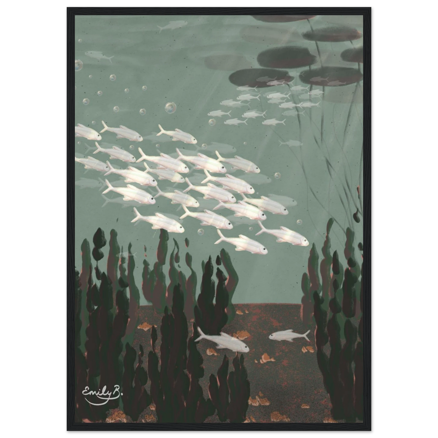 Just the Fish framed wall art in blue green tones with silver fish