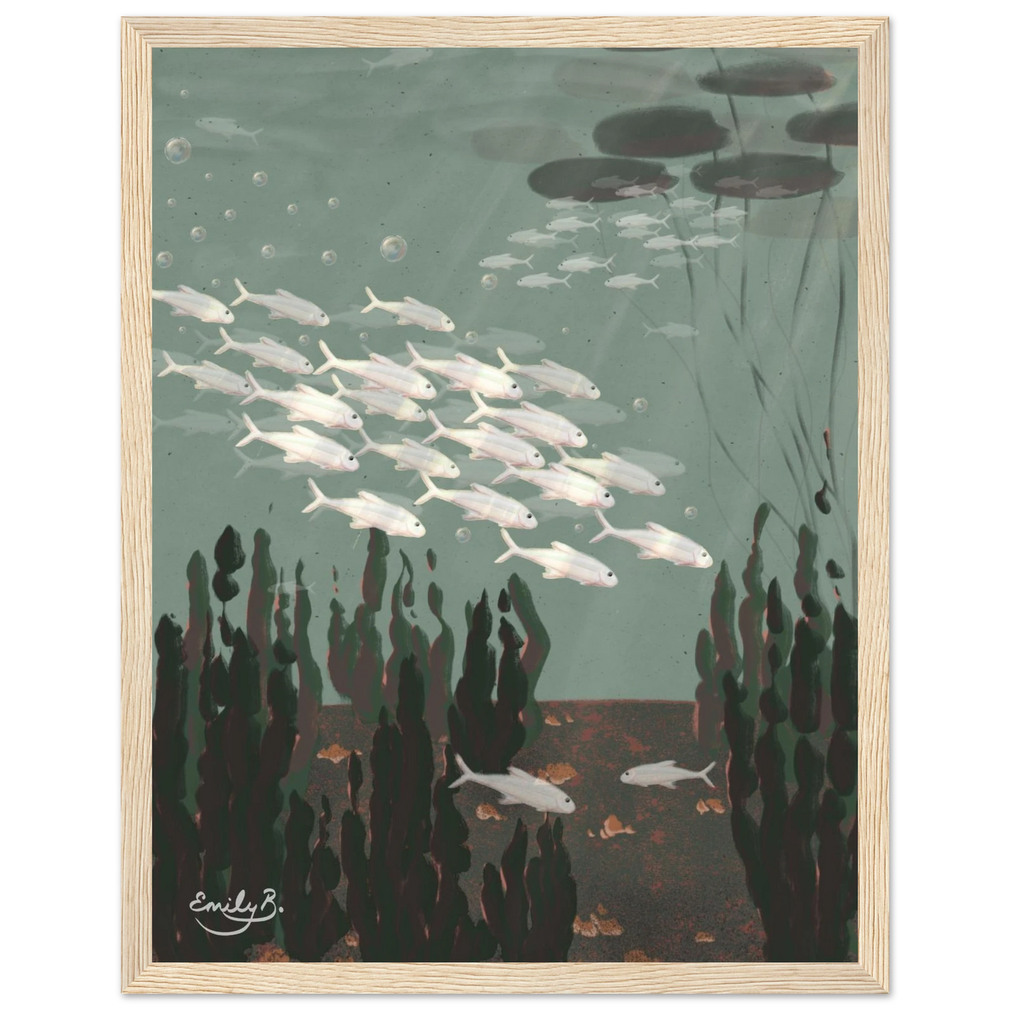 Just the Fish illustrated framed wall art with layered aquatic detail