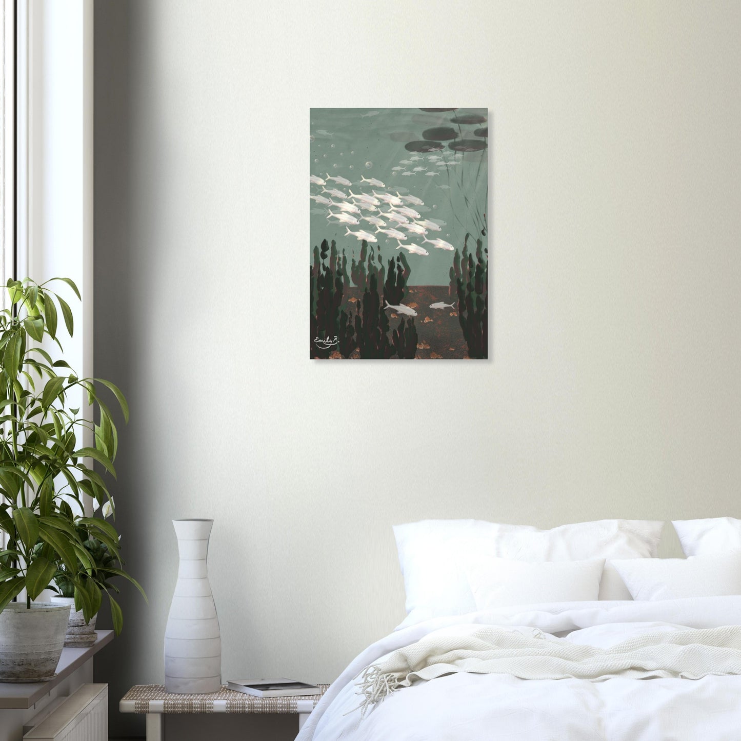 Just the Fish unframed art print styled in a bedroom interior