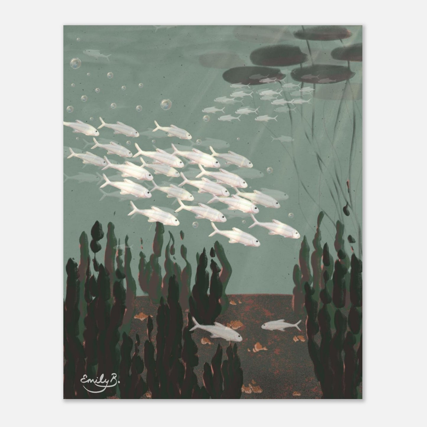 Just the Fish unframed art print front view with river plants and layered blue green water