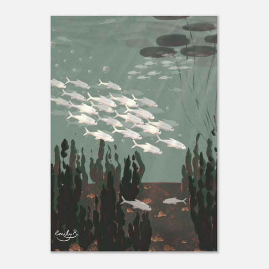 Just the Fish unframed art print front view highlighting underwater depth and movemen