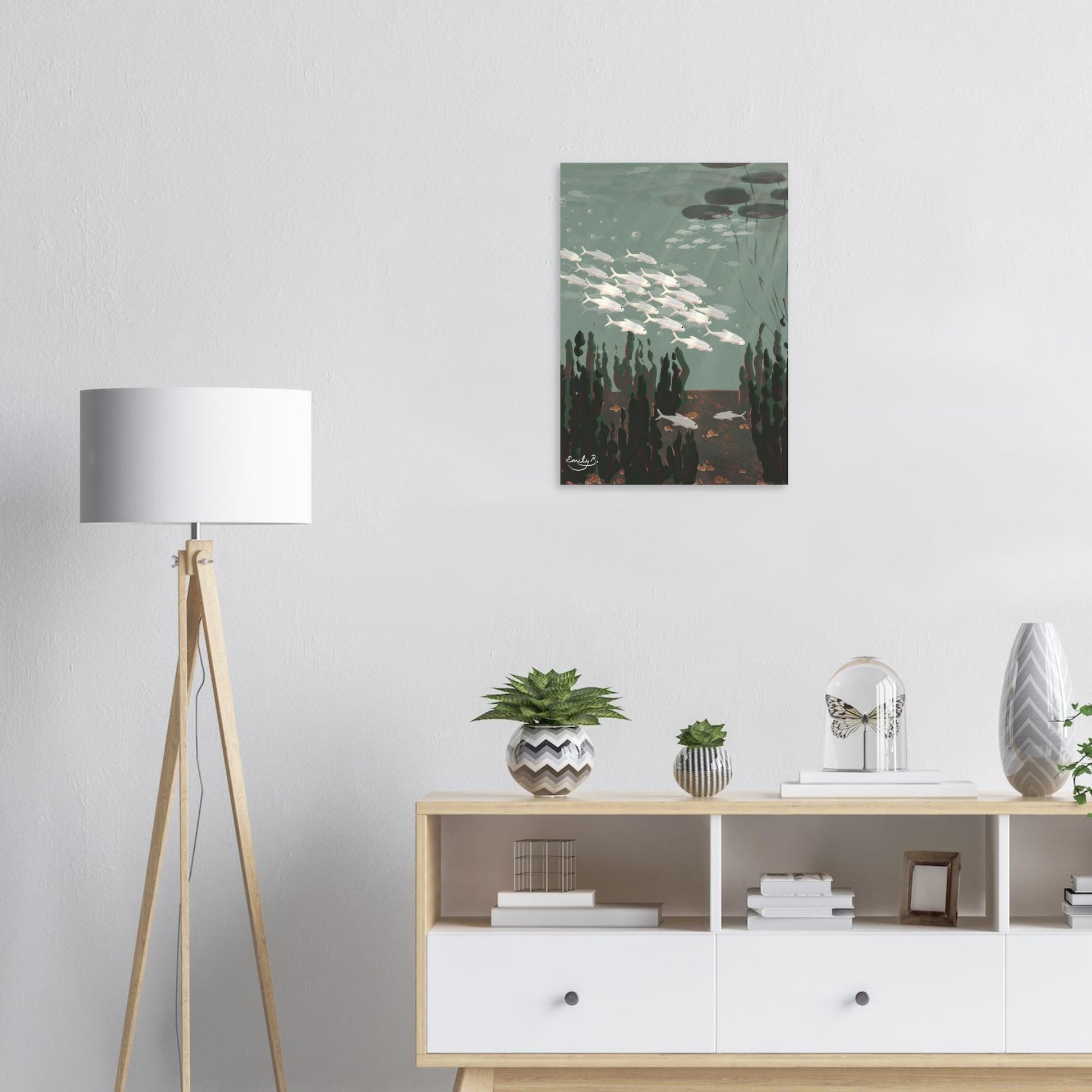 Just the Fish unframed art print displayed on a living room wall from the Kindred Creatures collection
