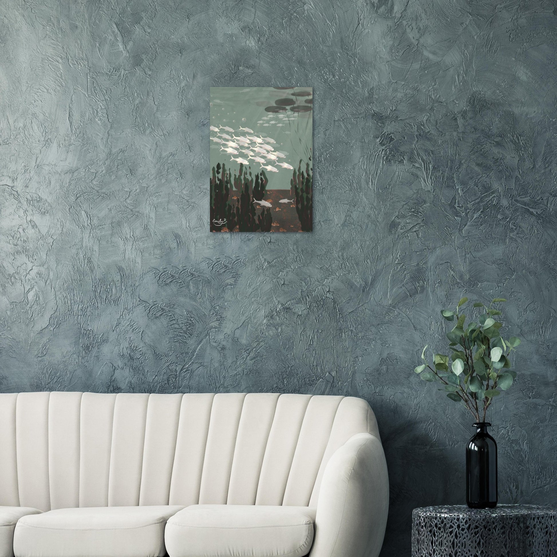 Just the Fish unframed art print displayed on teal wall