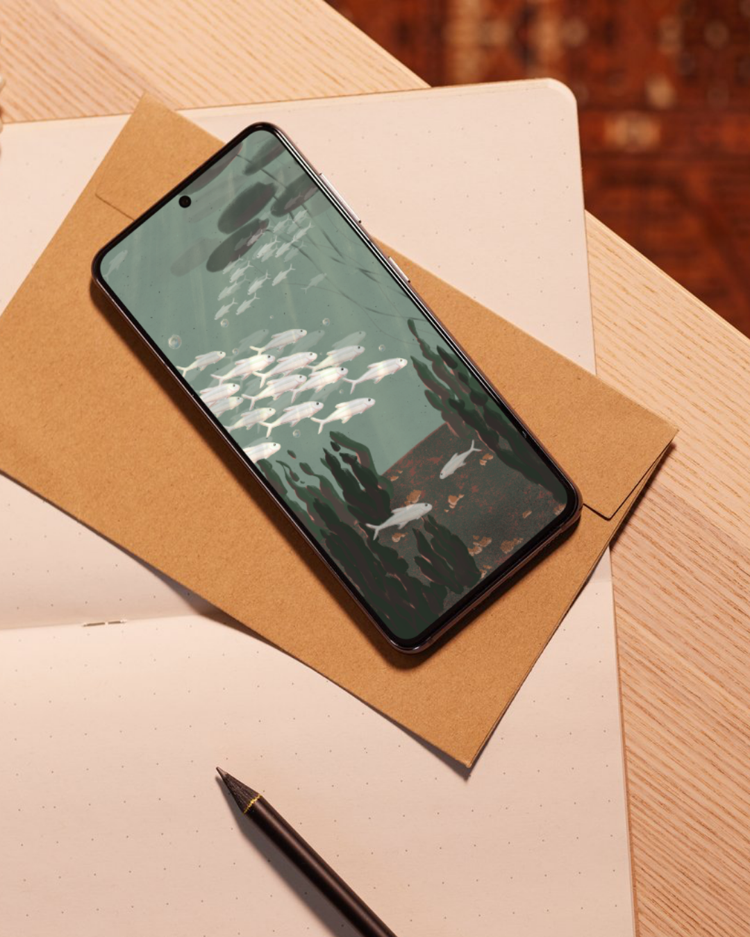 Smartphone with nature-themed wallpaper on a wooden surface