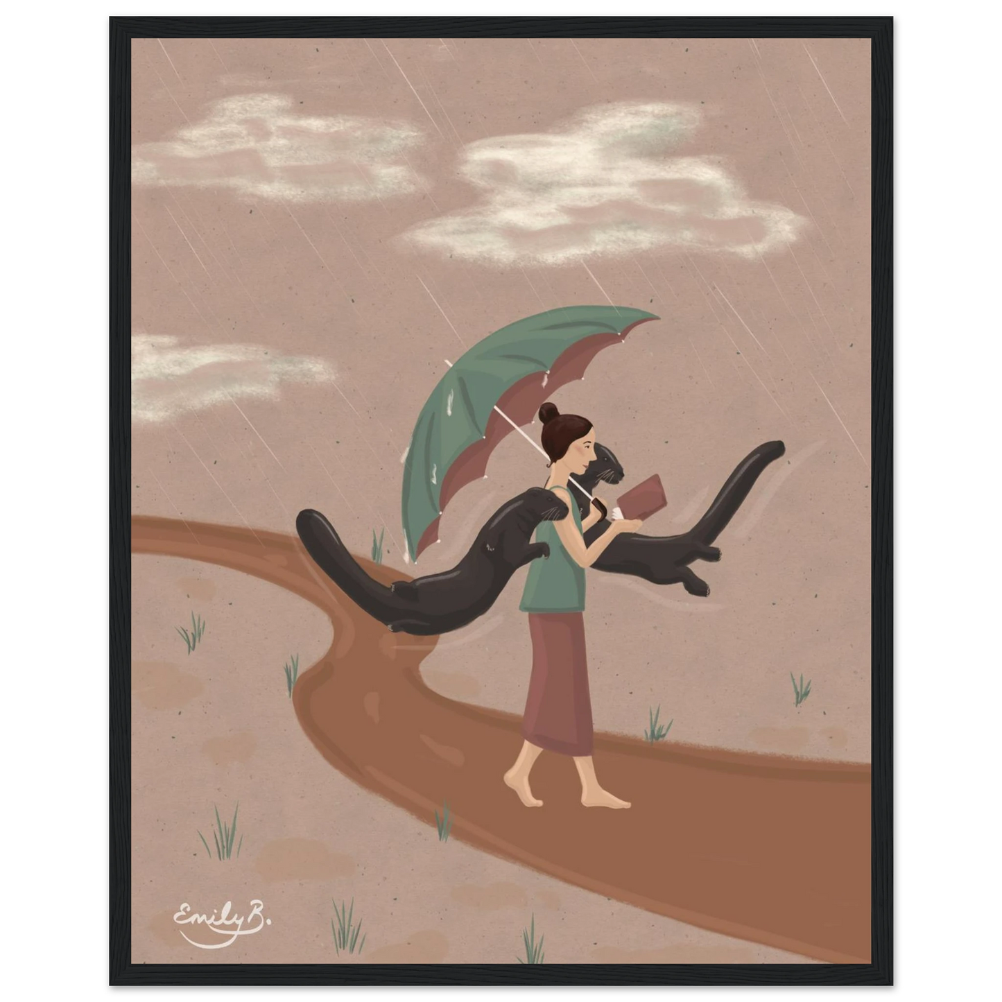 Whimsical framed wall art with otters and a woman reading in the rain