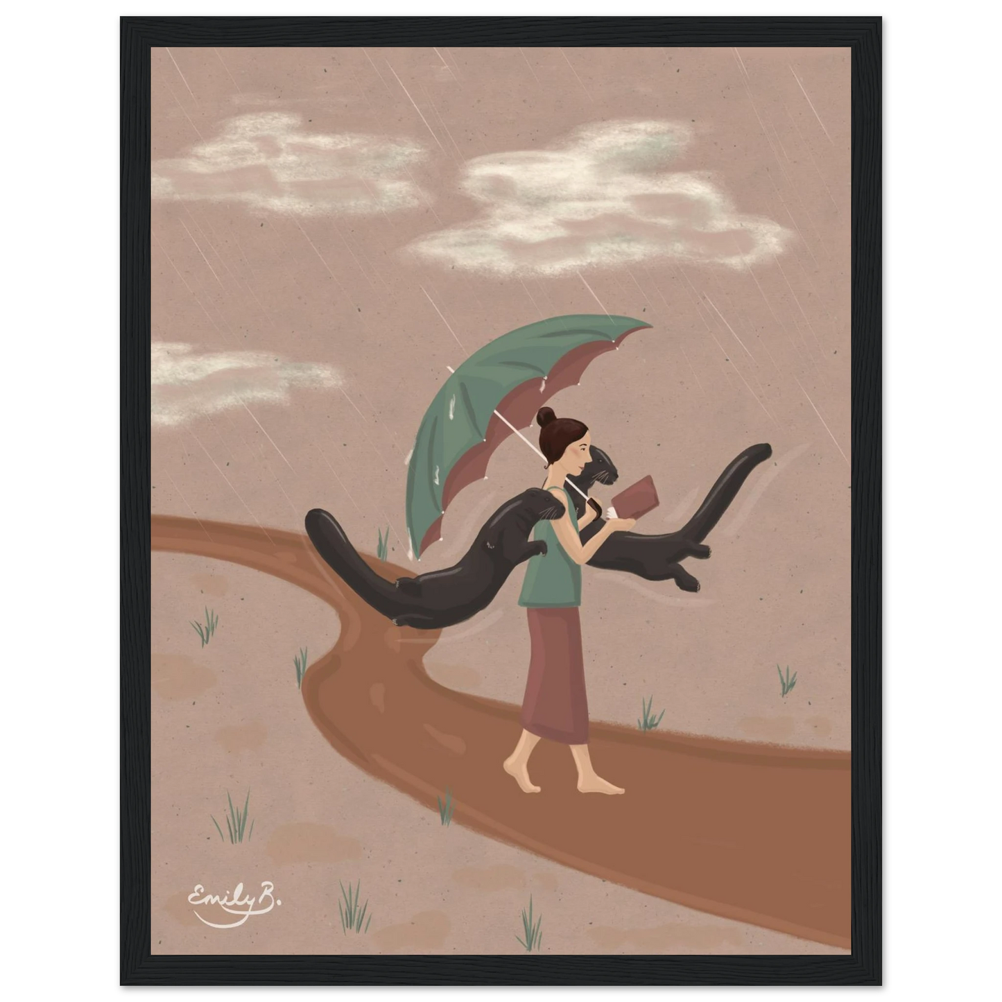 Whimsical framed wall art with otters and a woman reading in the rain