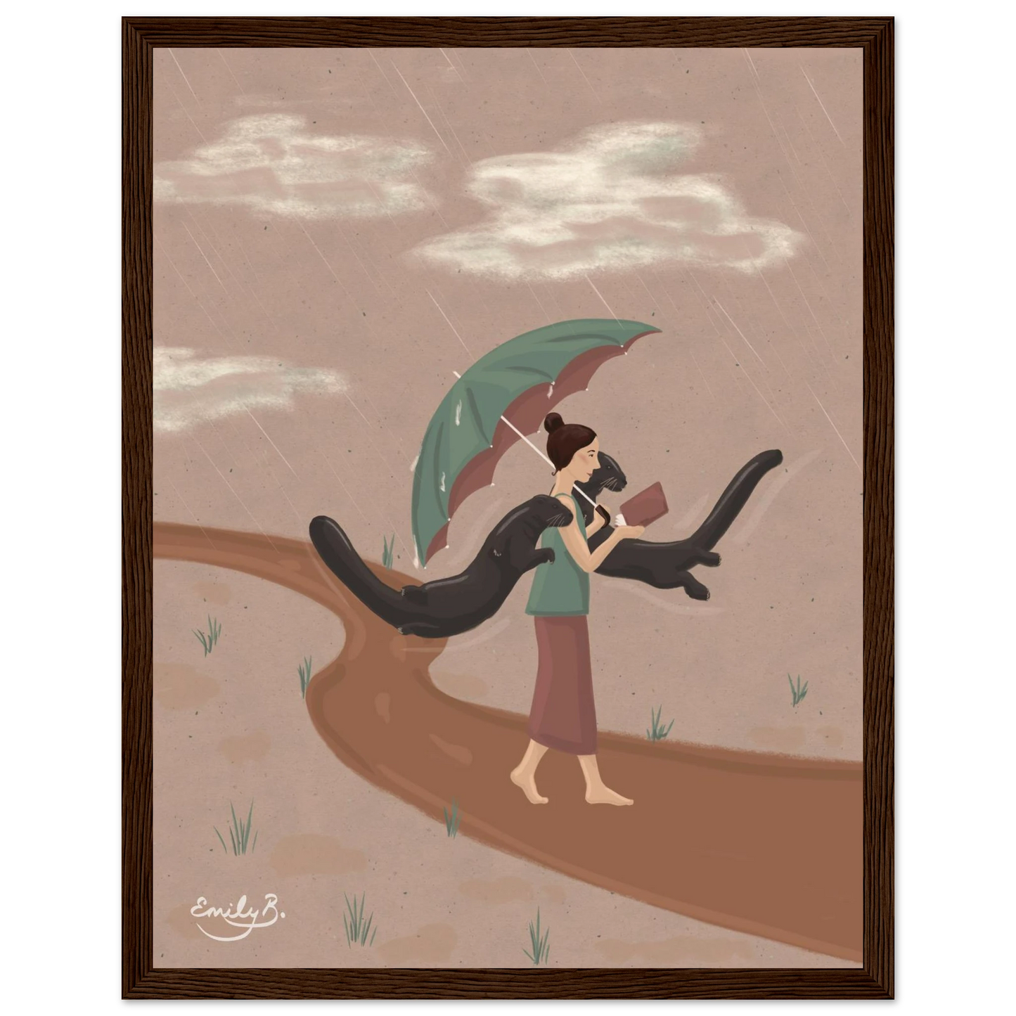 Whimsical framed wall art with otters and a woman reading in the rain