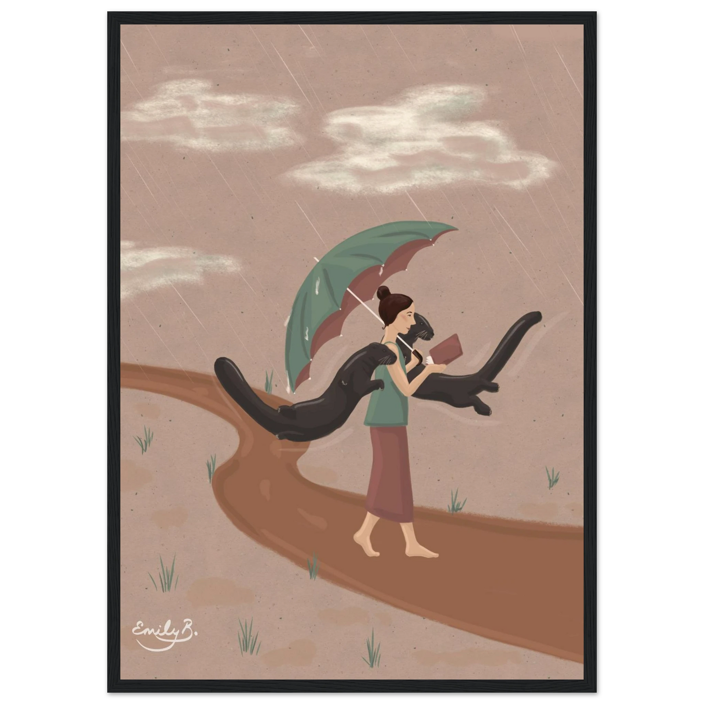 Whimsical framed wall art with otters and a woman reading in the rain