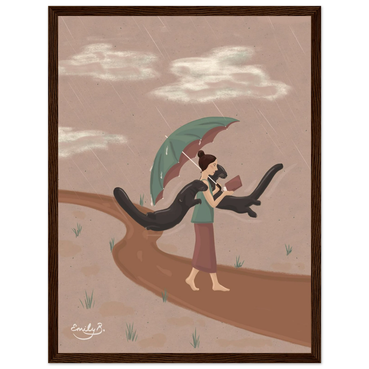 Whimsical framed wall art with otters and a woman reading in the rain