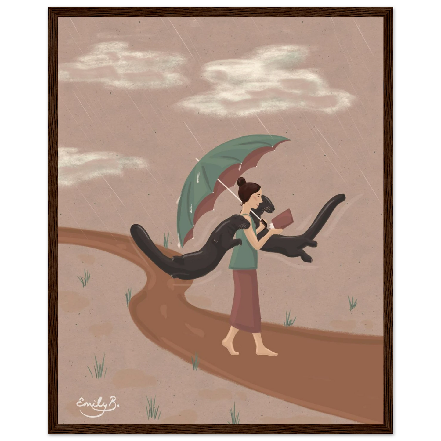 Reading Otters framed art print featuring a whimsical book lover illustration