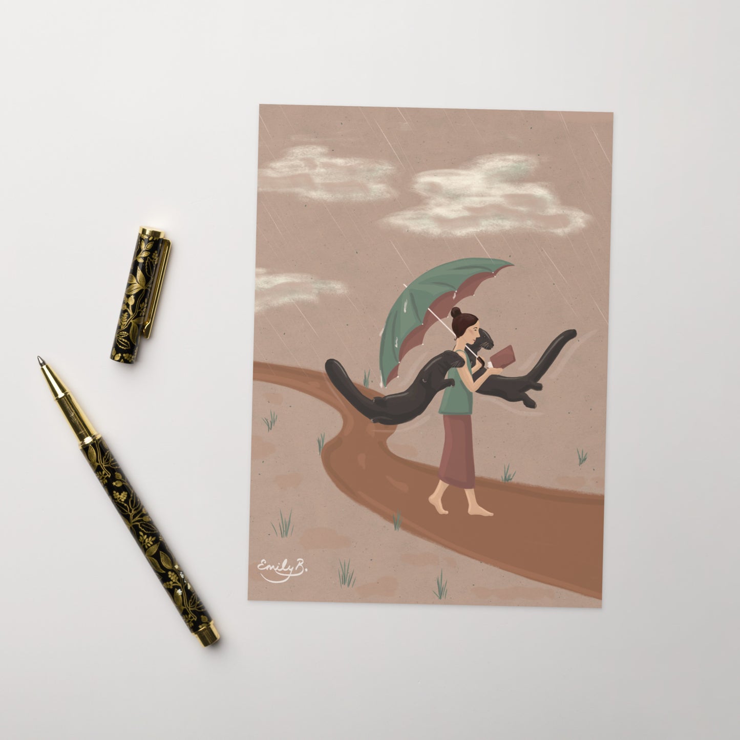Greeting card featuring woman reading with floating otters illustration