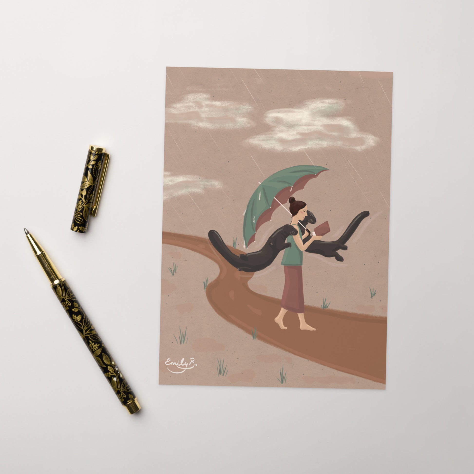 Greeting card featuring woman reading with floating otters illustration