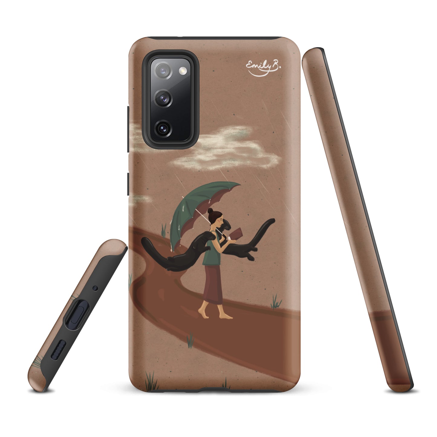 Phone case with artistic design of a person holding an umbrella walking along a path with otters on a neutral background