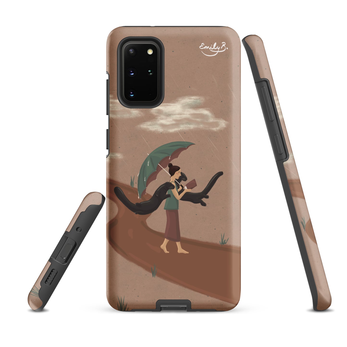 Samsung illustrated phone case with design of otters and a person reading a book under an umbrella on a beige background