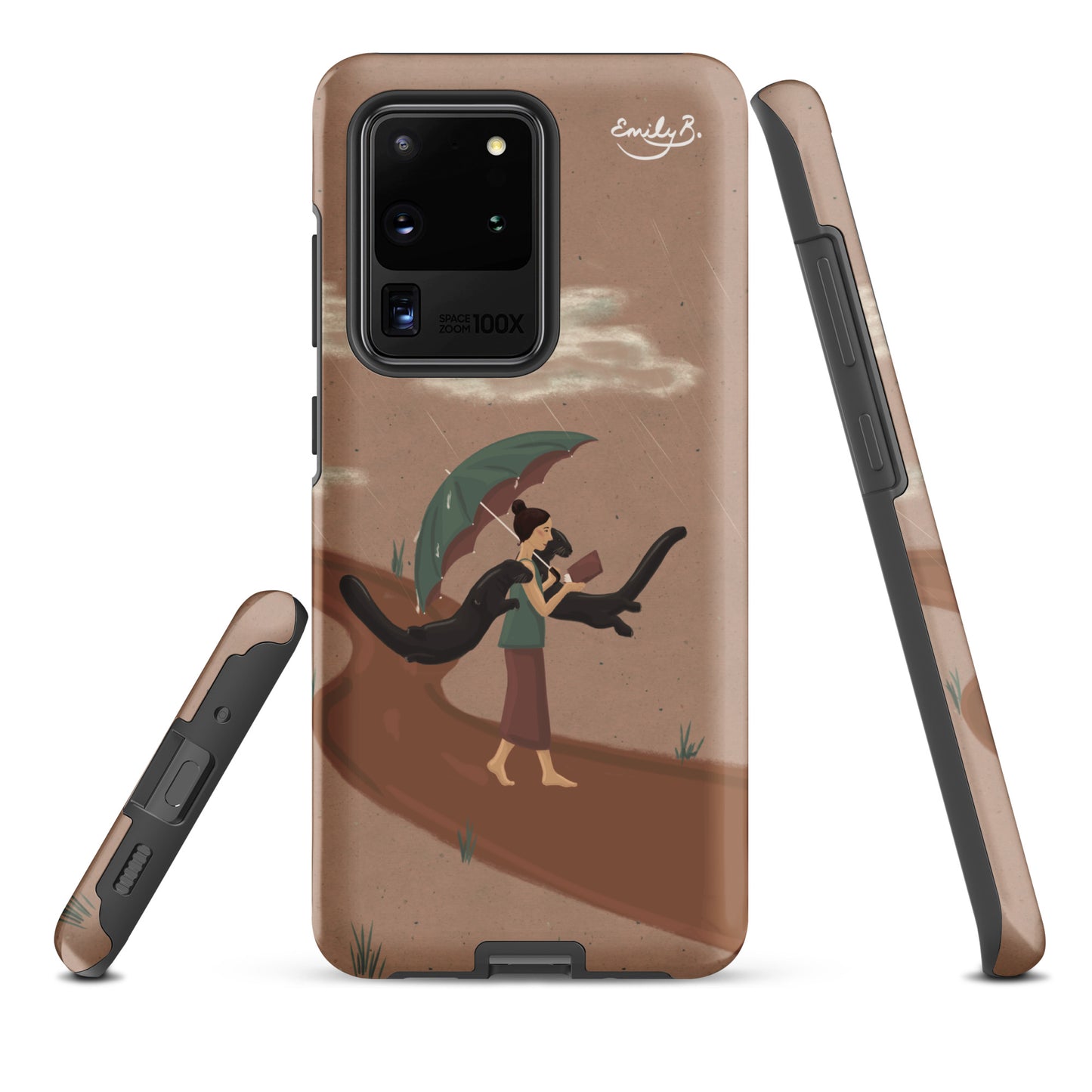 Phone case with artistic design of a woman and two otters on a brown background