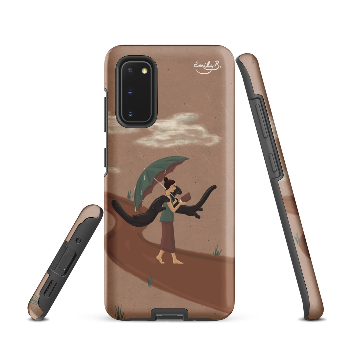 Phone case with artistic design of a woman and otter holding an umbrella on a neutral background