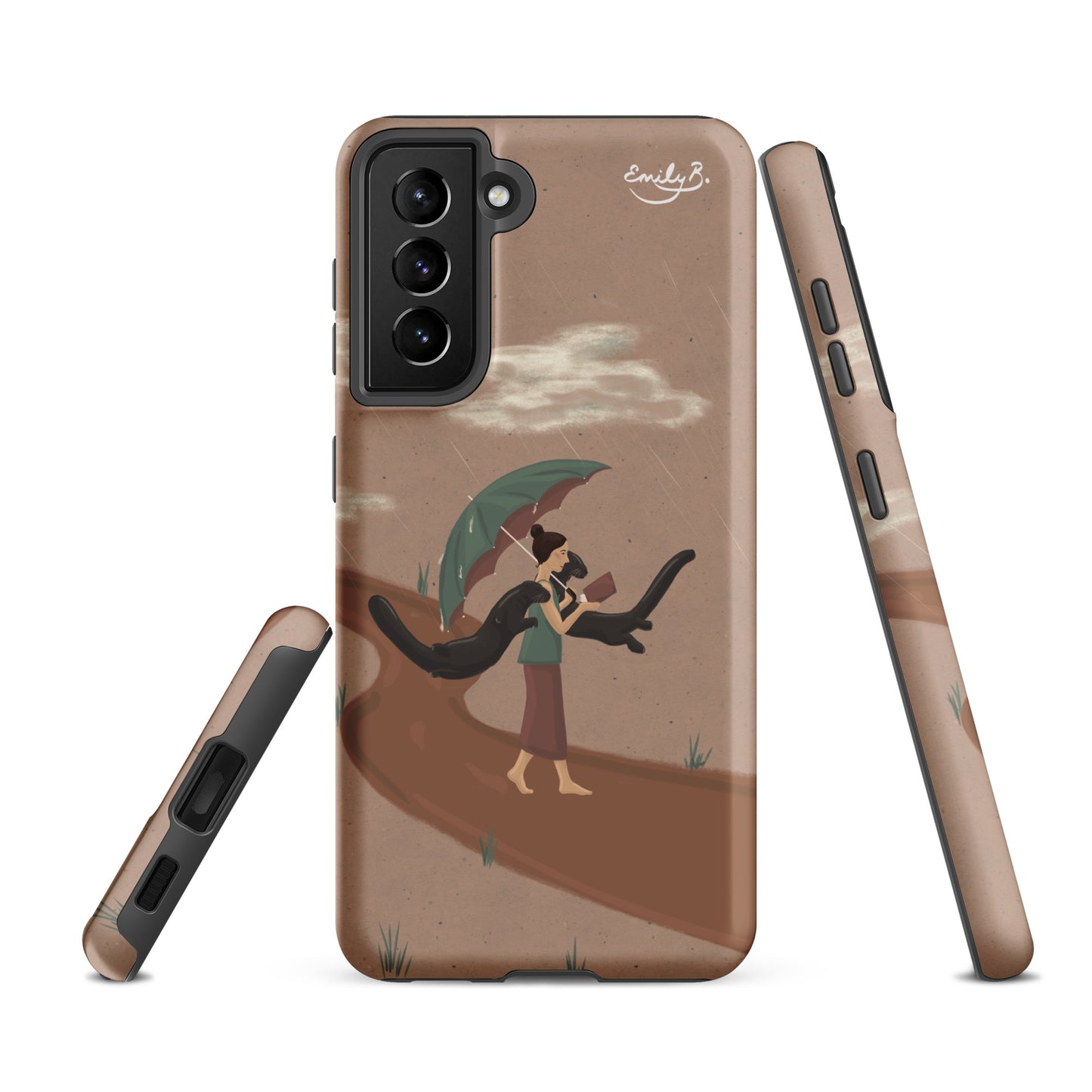 Three views of an illustrated phone case by Emily B. Studio