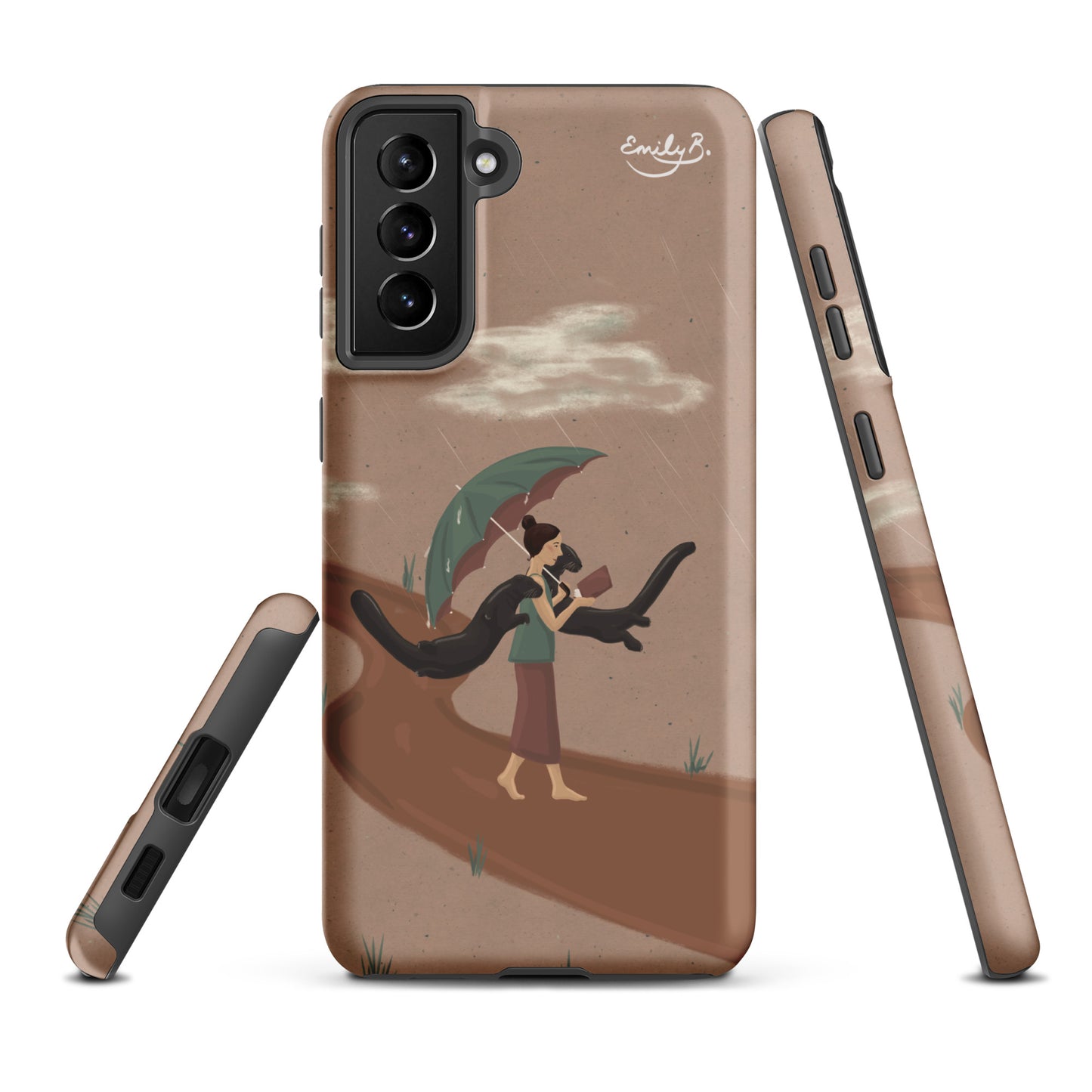 Two otters fling around a woman reading a book under an umbrella featured on a samsung phone case