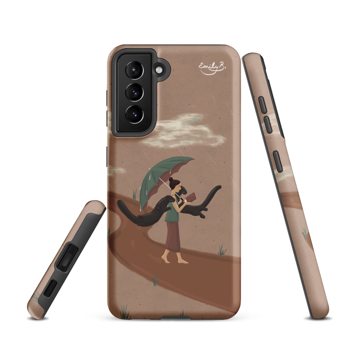 Phone case with artistic design of a person holding an umbrella and two otters, on a neutral background.