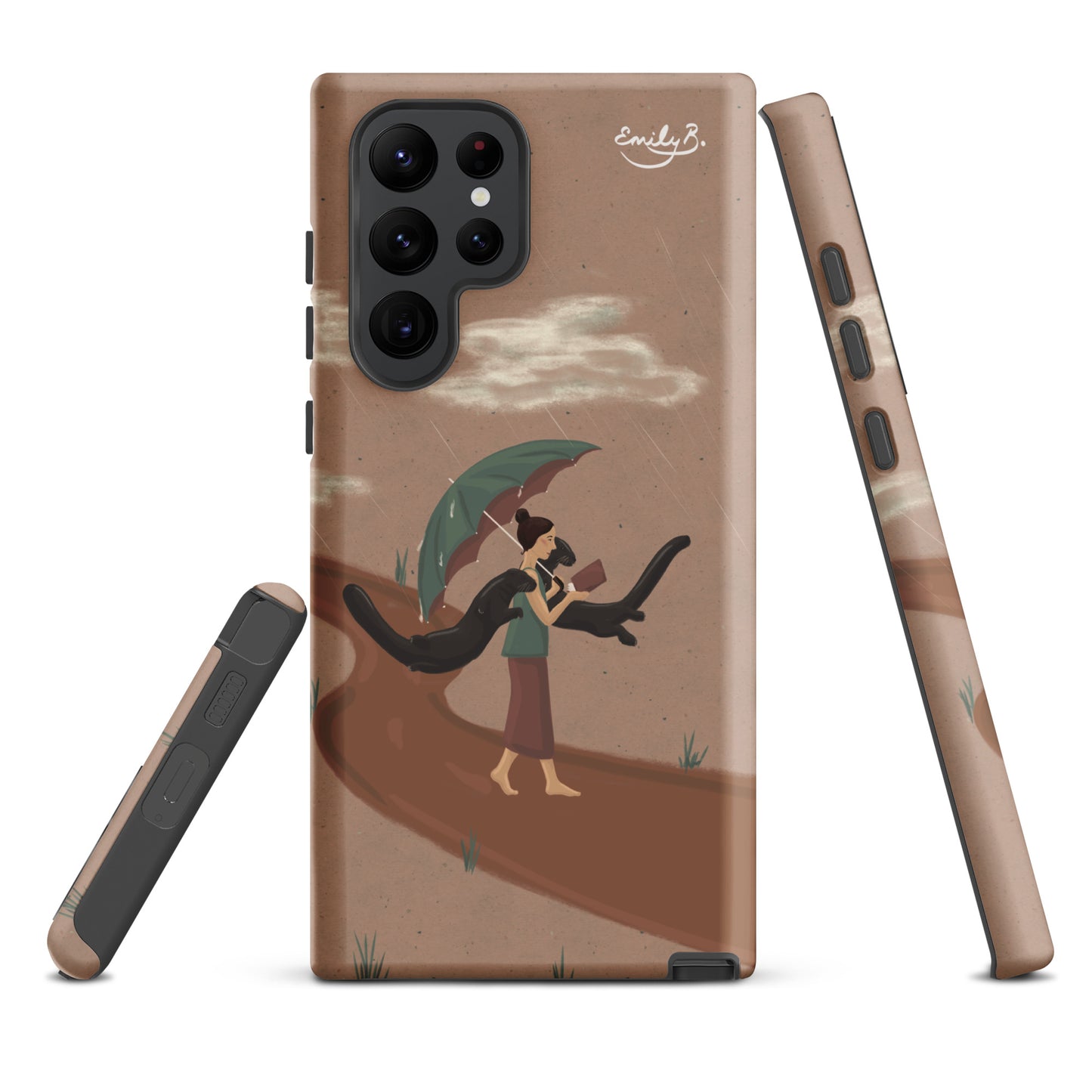 Phone case with artistic design of a person holding a book and an umbrella with 2 otters