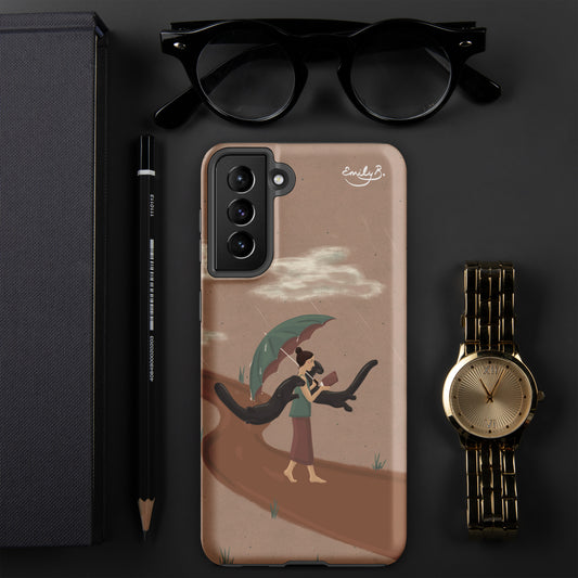 Phone case with artistic design of a person holding an umbrella, surrounded by a pen, pencil, glasses, and watch on a dark surface.