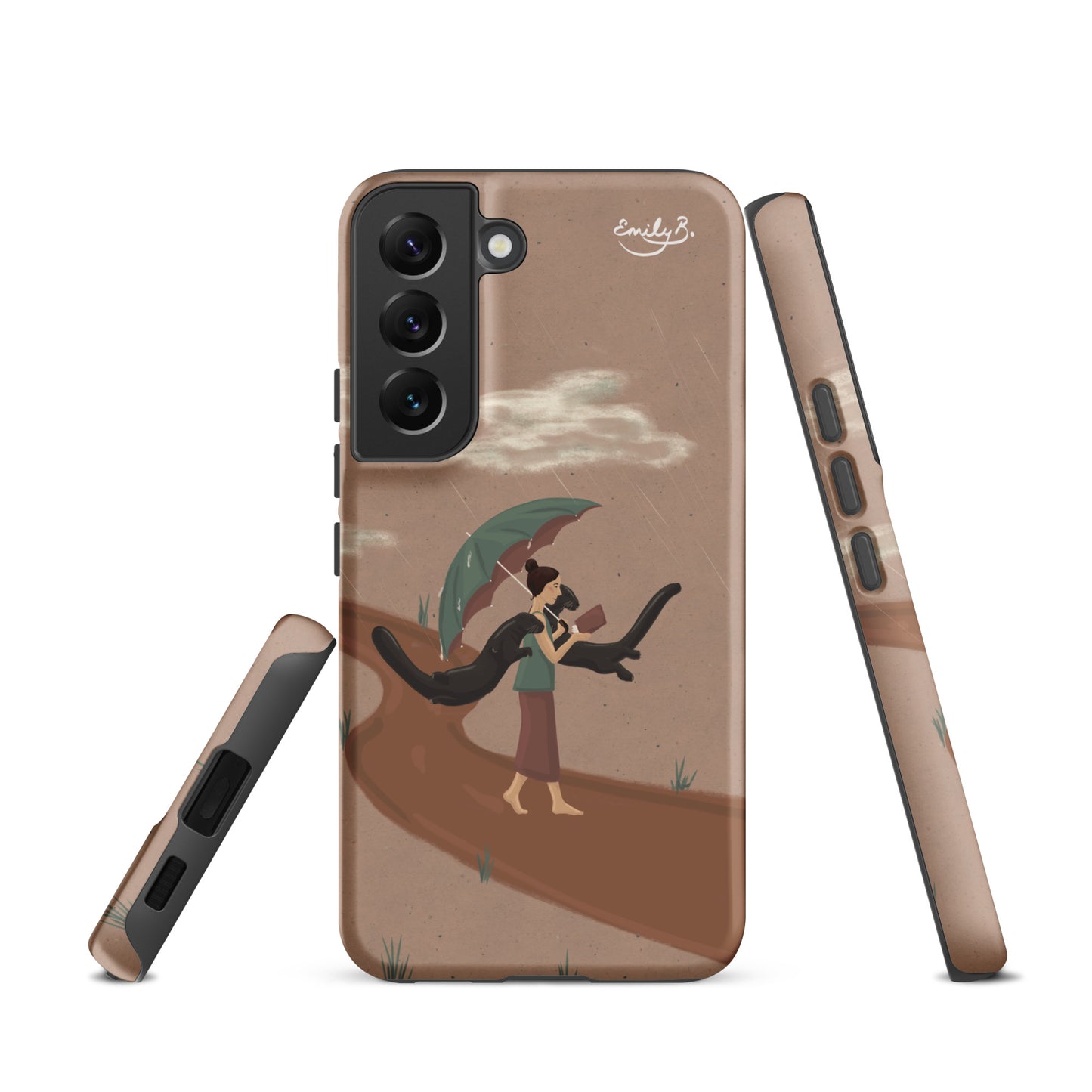 Phone case with artistic design of a person and imaginary otters under an umbrella on a brown background