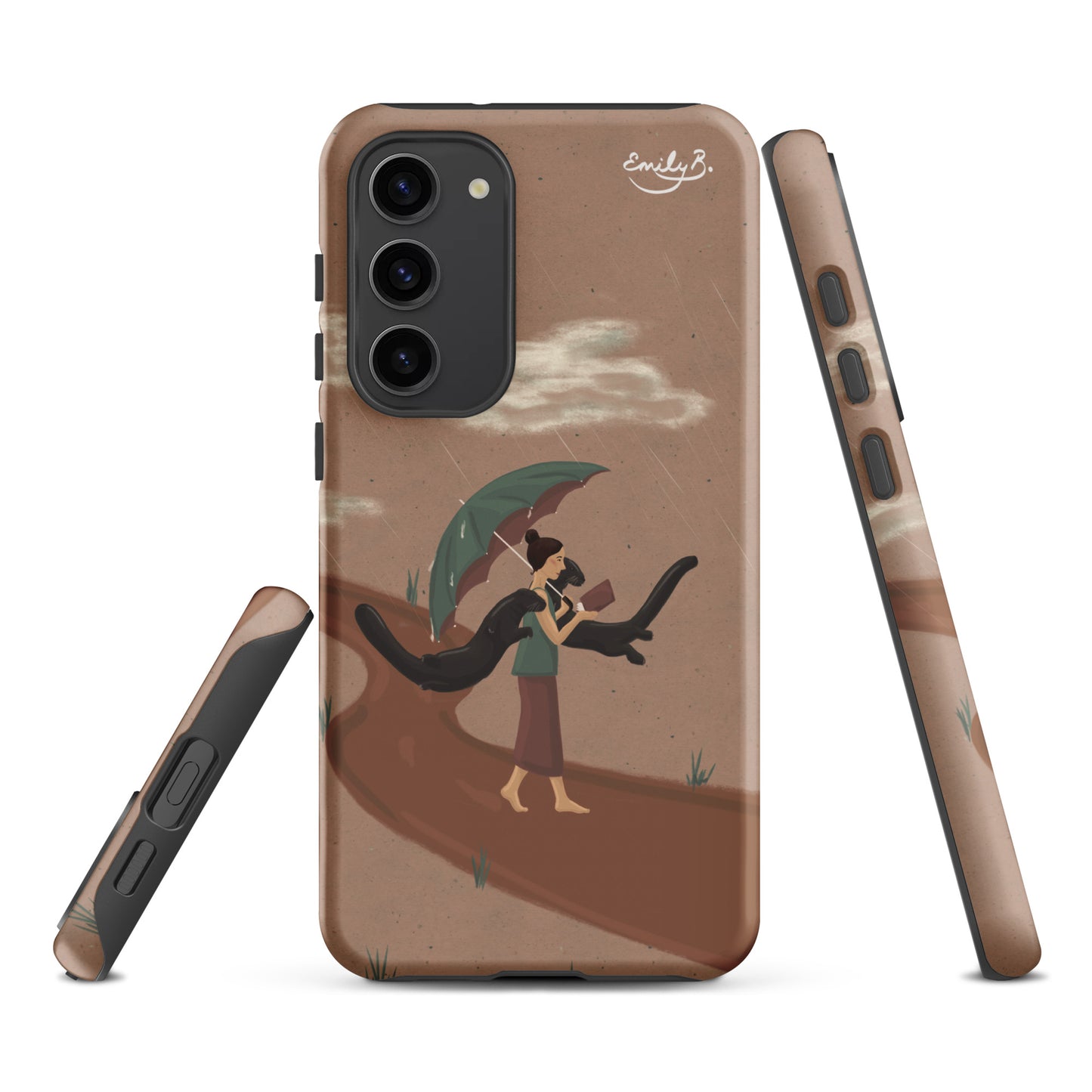Phone case with artistic design of a person in the rain on a light brown background