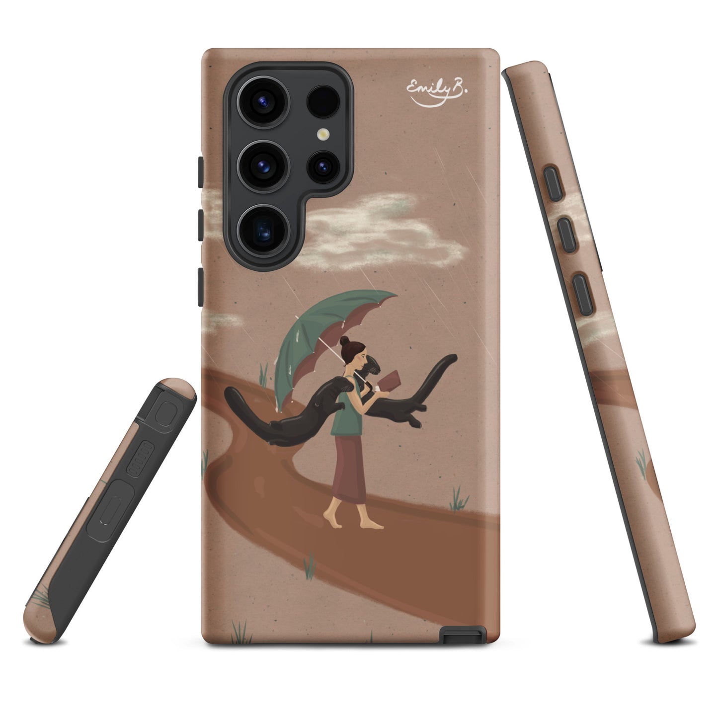 3 views of an illustrated Samsung phone case by Emily B. Studio
