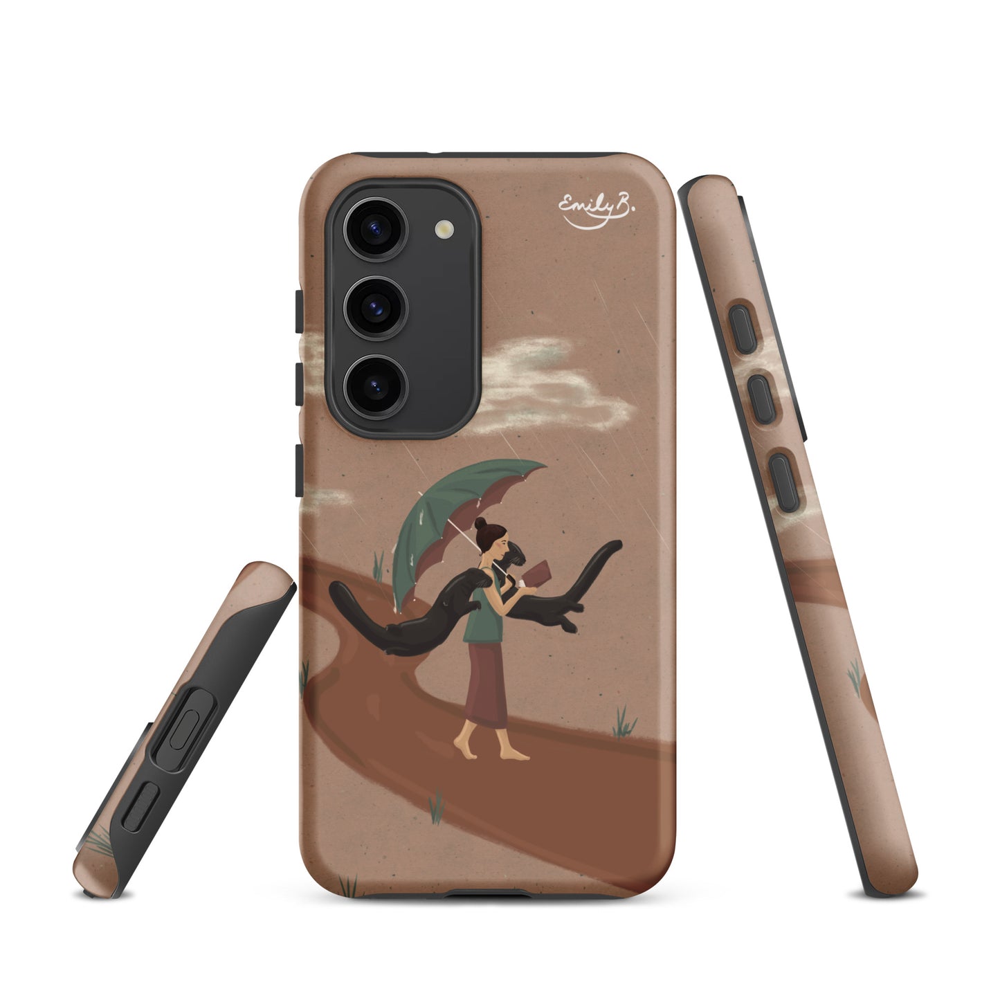 Illustrated matt Samsung case with a woman imagining 2 otters floating by whilst she reads a book under a great umbrella 