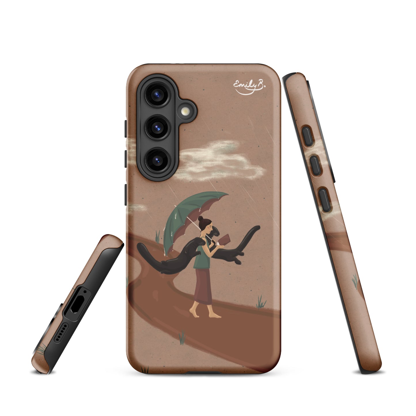 Phone case with artistic design of a person reading a book and holding an umbrella on a neutral background