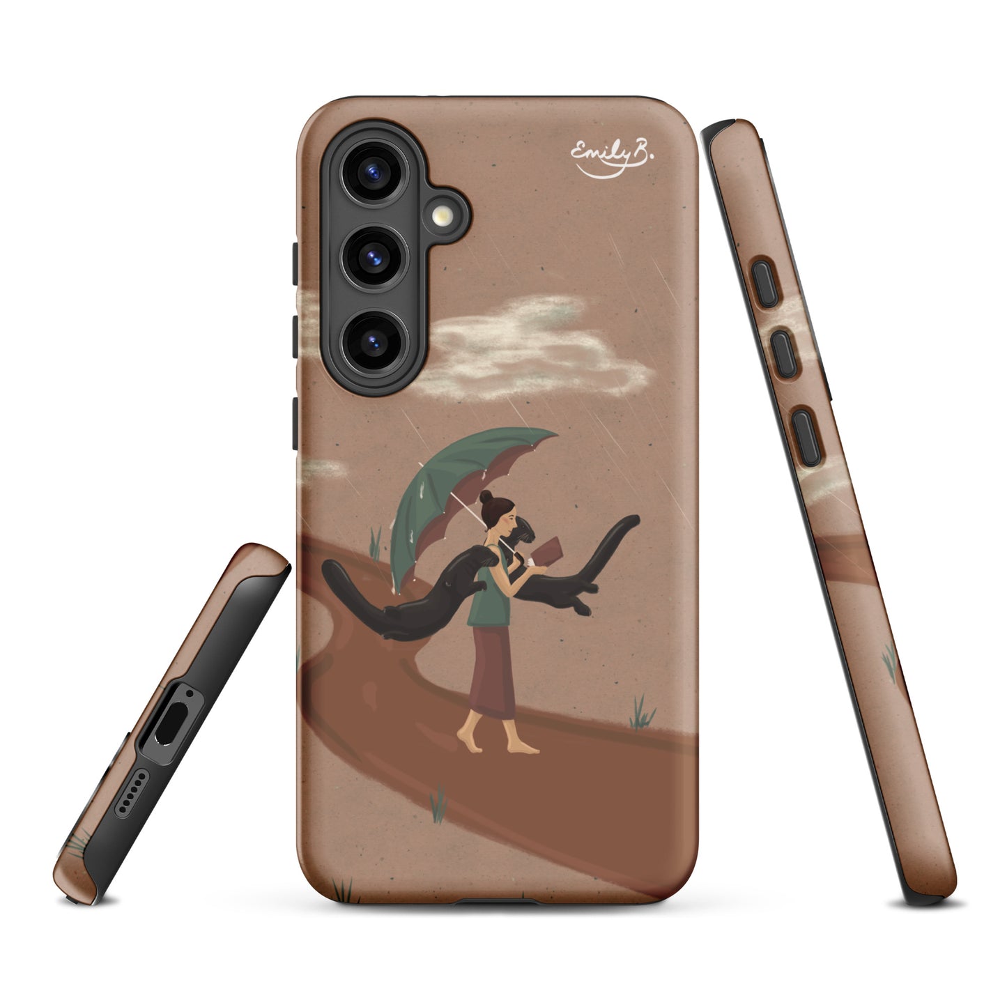 3 views of a Samsung tough case featuring animal and human illustration