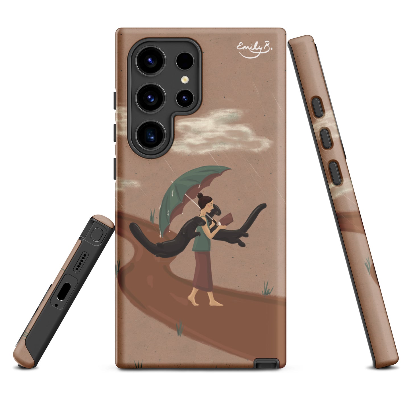 Samsung phone case with artistic design of a person holding an umbrella and a book with otter on a neutral background
