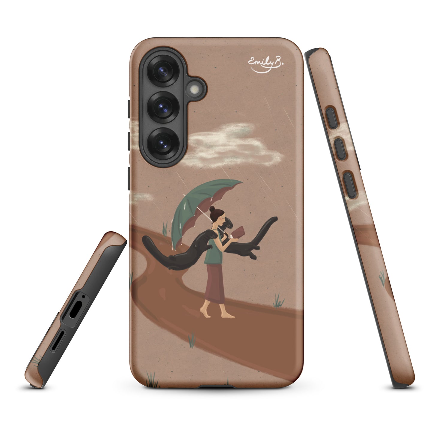 Phone case with artistic design of a woman and otter under an umbrella on a brown background