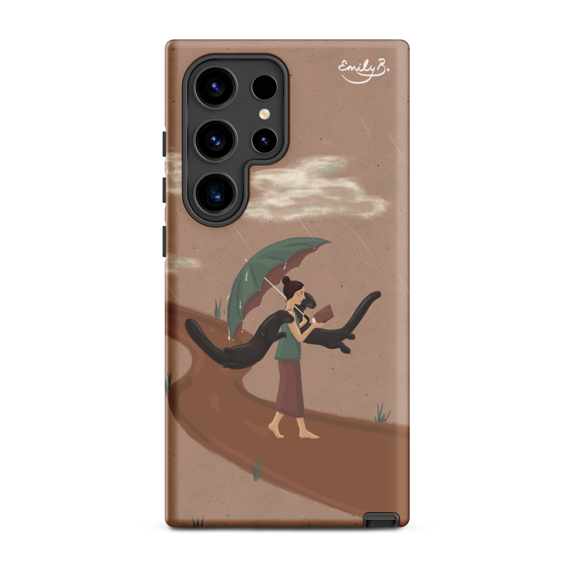 Phone case with artistic design of a person holding an umbrella on a path with some floating otters, brand 'Emily B.' visible.