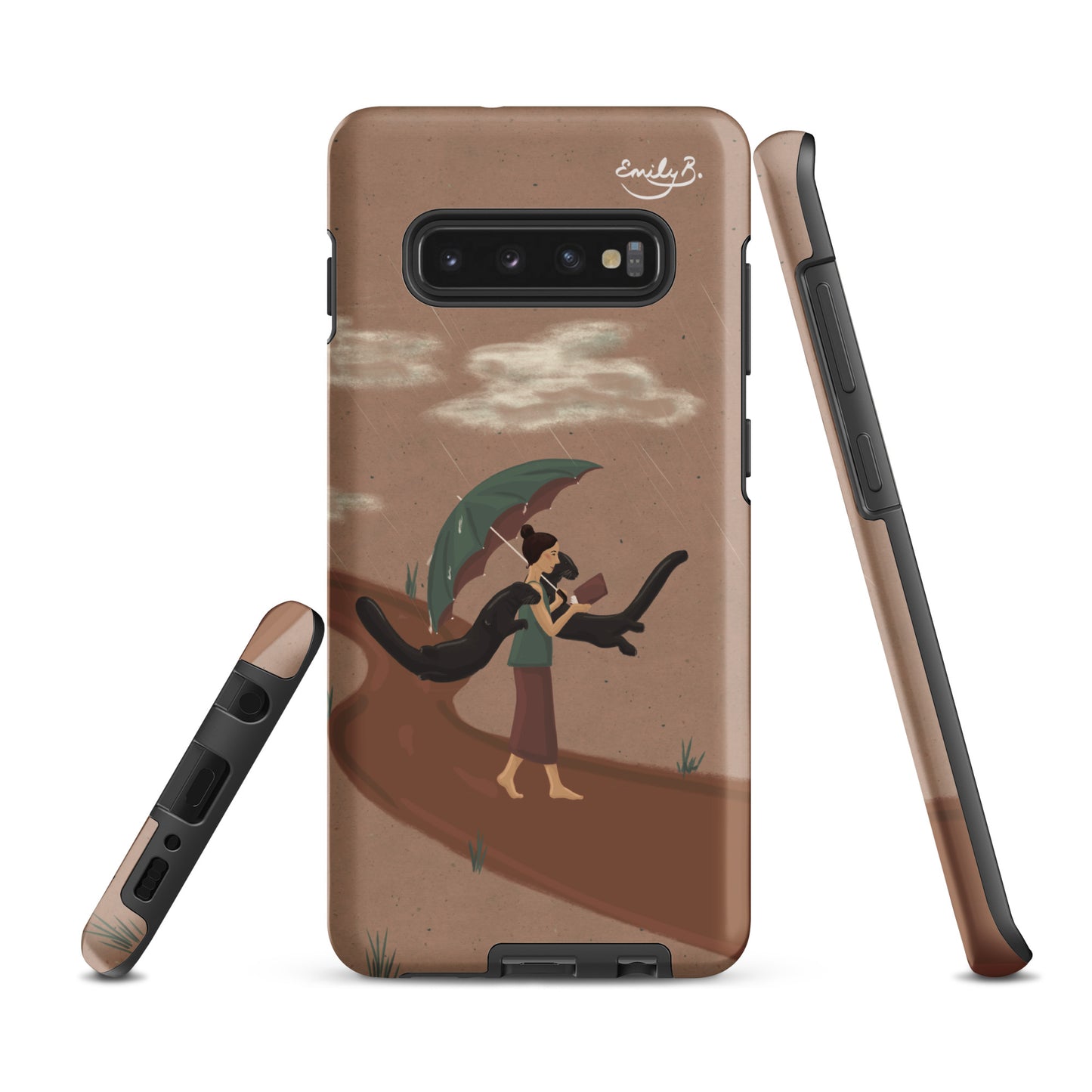 Phone case with artistic design of a person and dog under an umbrella, brand 'EmilyB' visible.