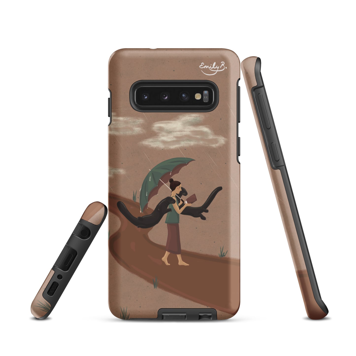 Phone case with artistic design of a woman and 2 floating  otters under an umbrella on a brown background