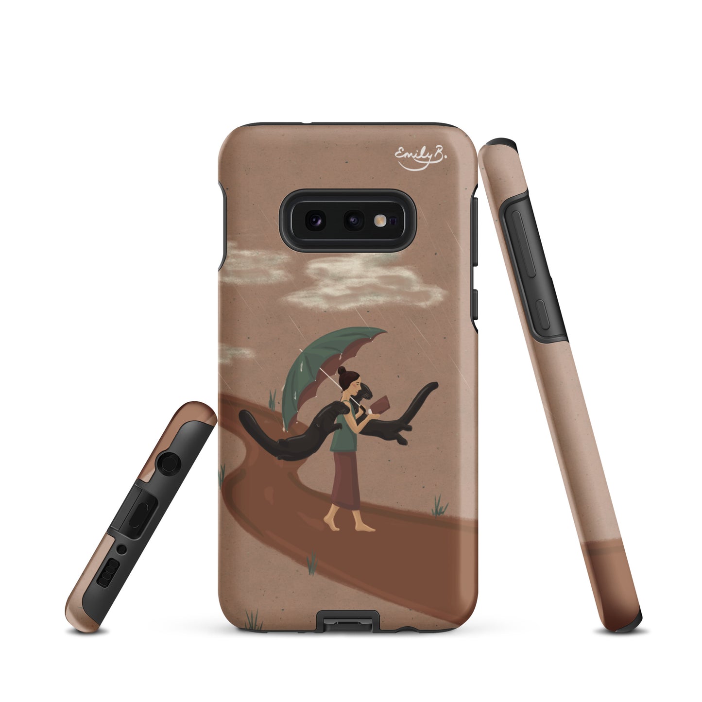 Phone case with artistic design of a person holding an umbrella on a path, displayed from multiple angles.
