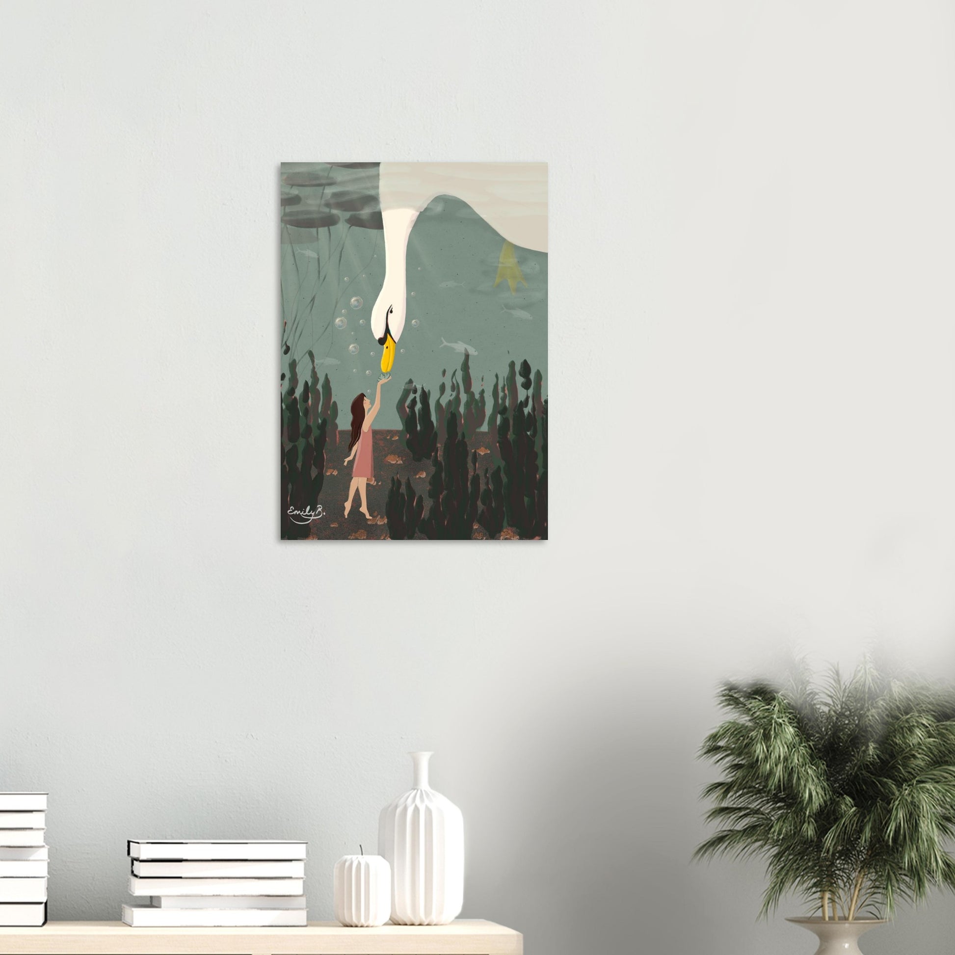 Unframed swan art print featuring a dreamlike underwater storytelling scene