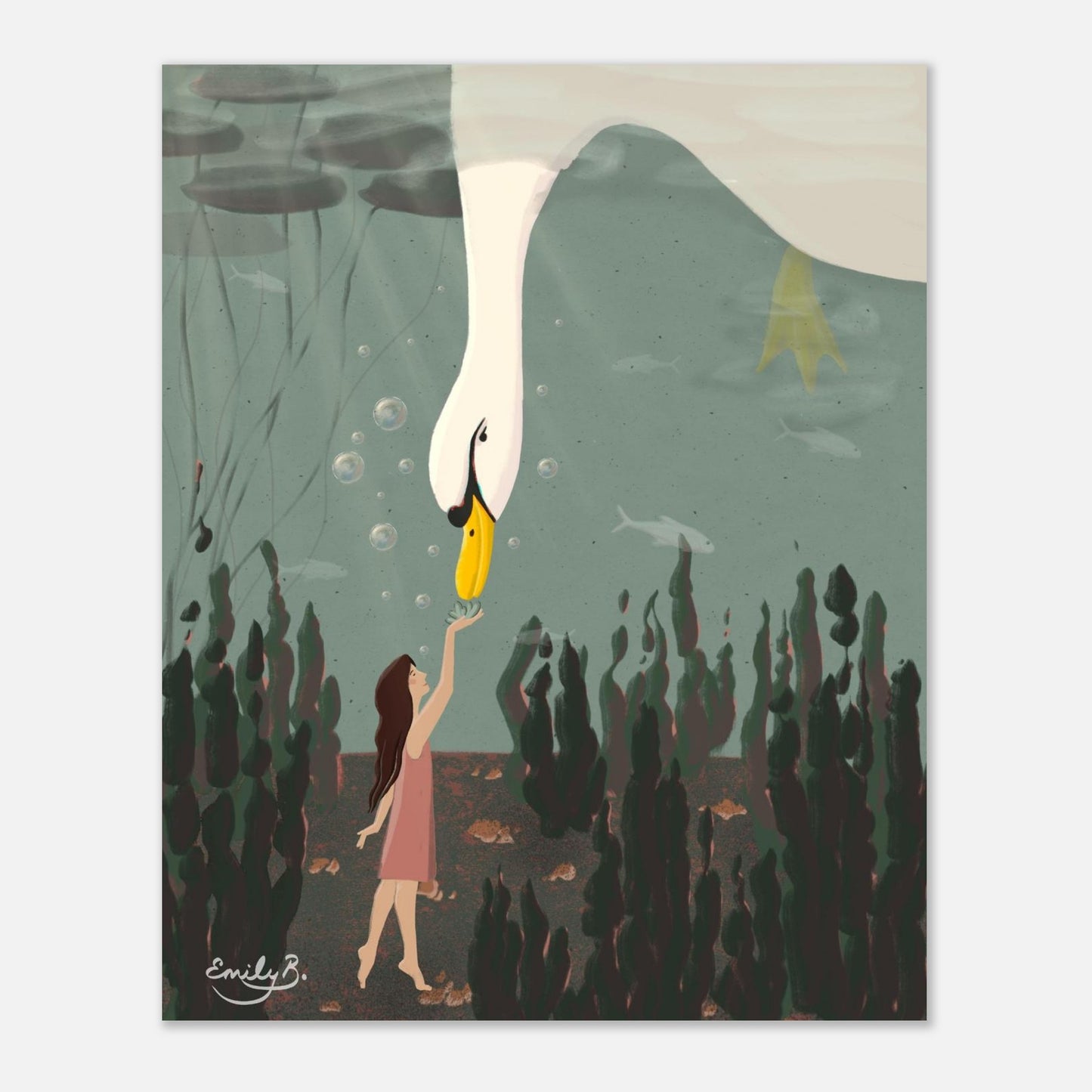 Dreamlike animal illustration art print showing a swan and girl underwater