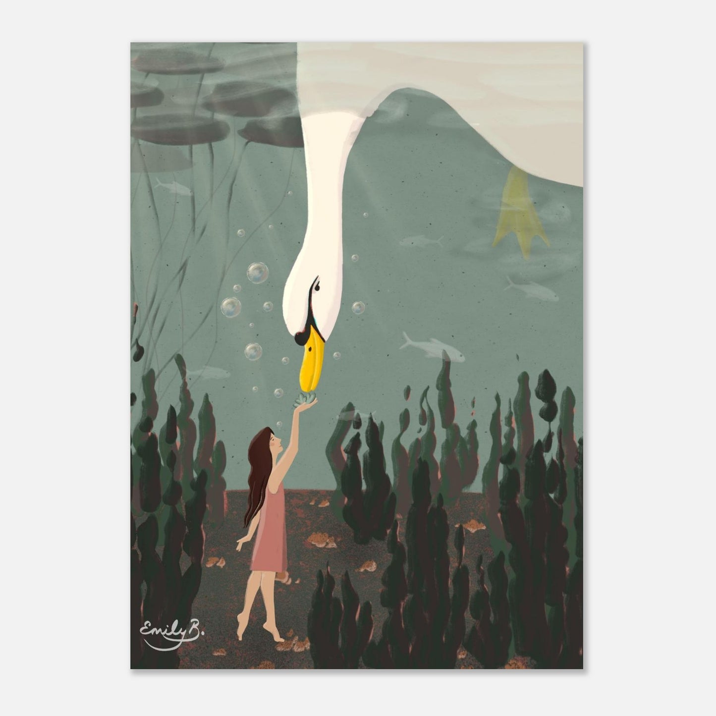 Signed unframed art print by Emily Bucher featuring a surreal swan underwater