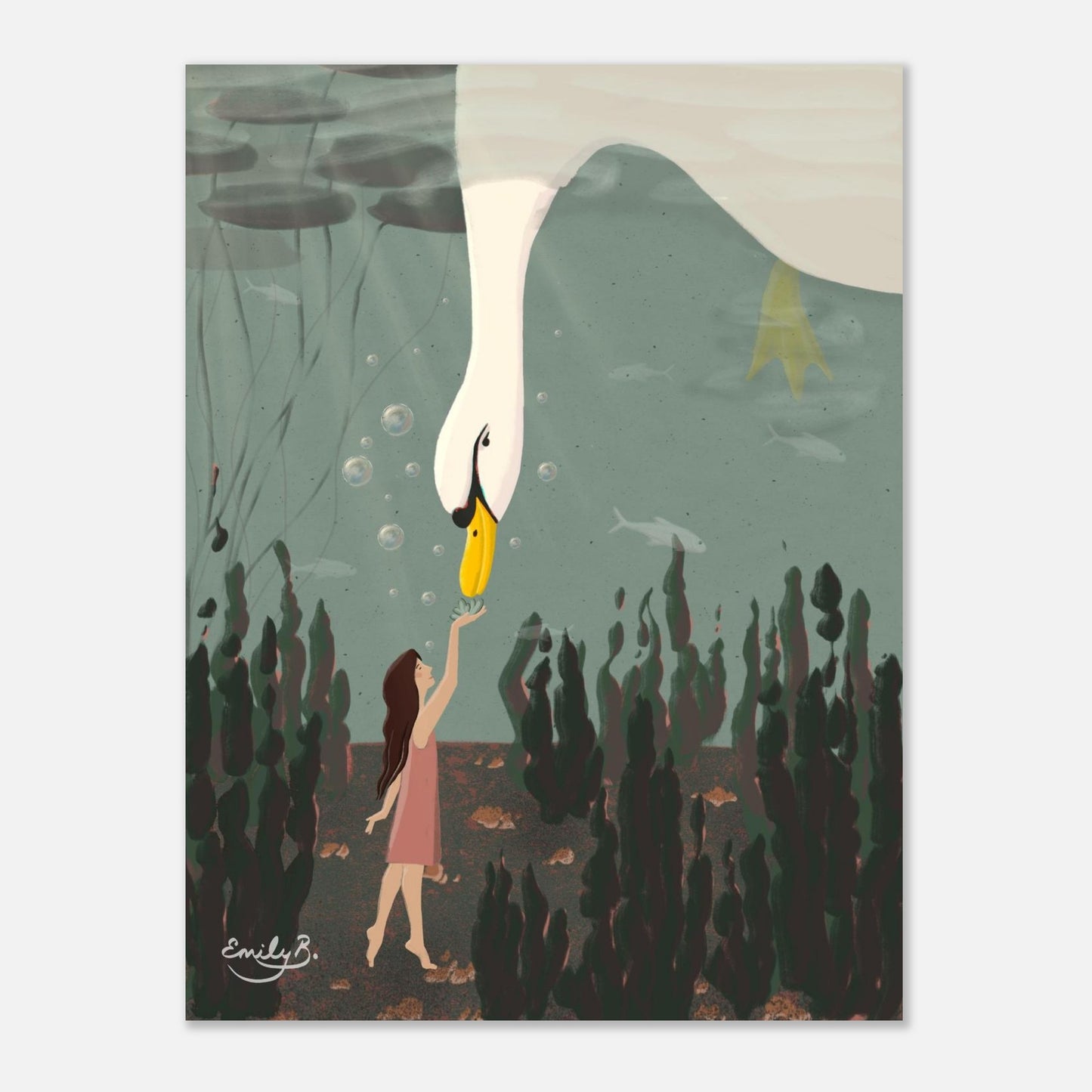 Swan Underwater art print for book lovers and fans of story rich illustration