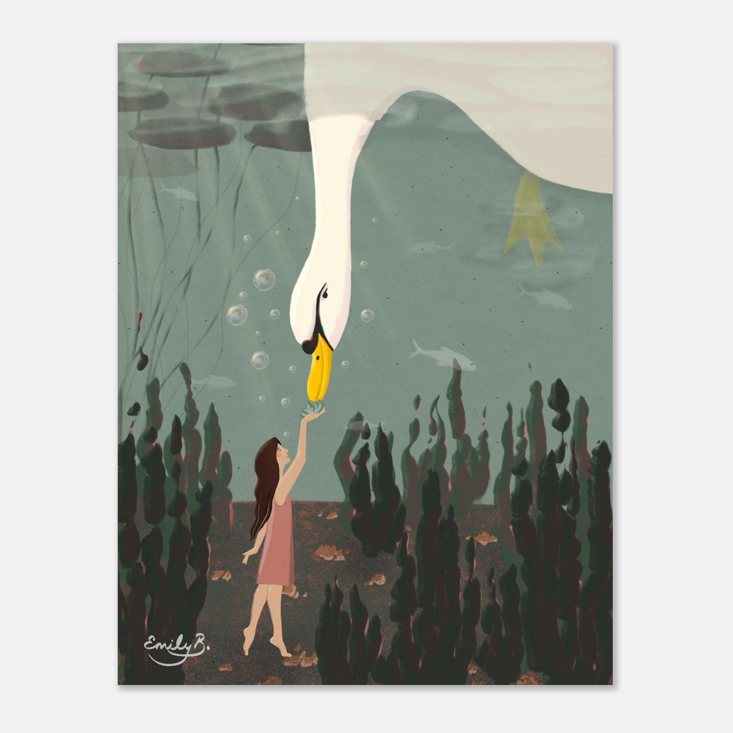 Whimsical illustrated wall art print featuring a swan and girl in an imaginative underwater scene
