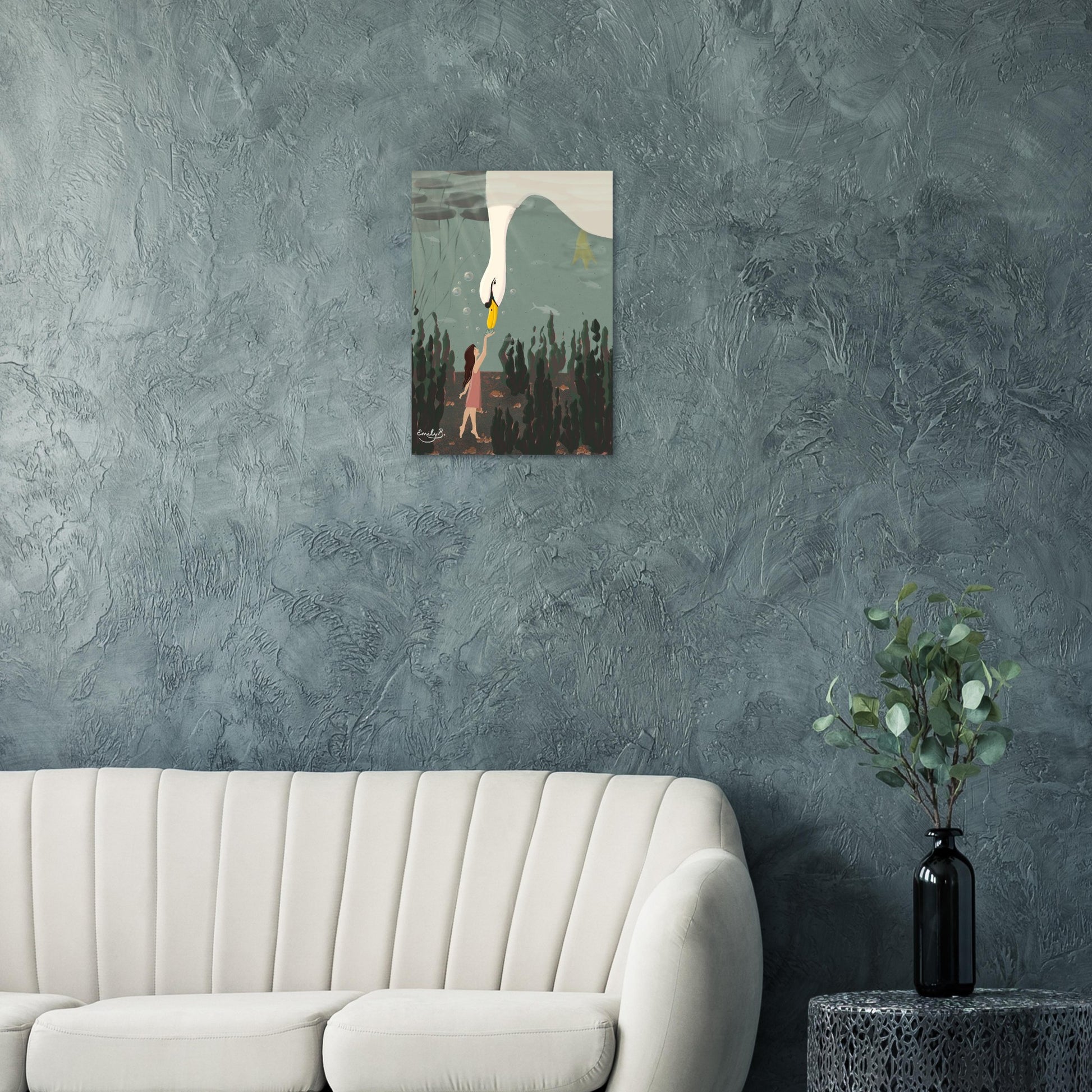 Fine art illustration print of a swan dipping beneath water to meet a young girl