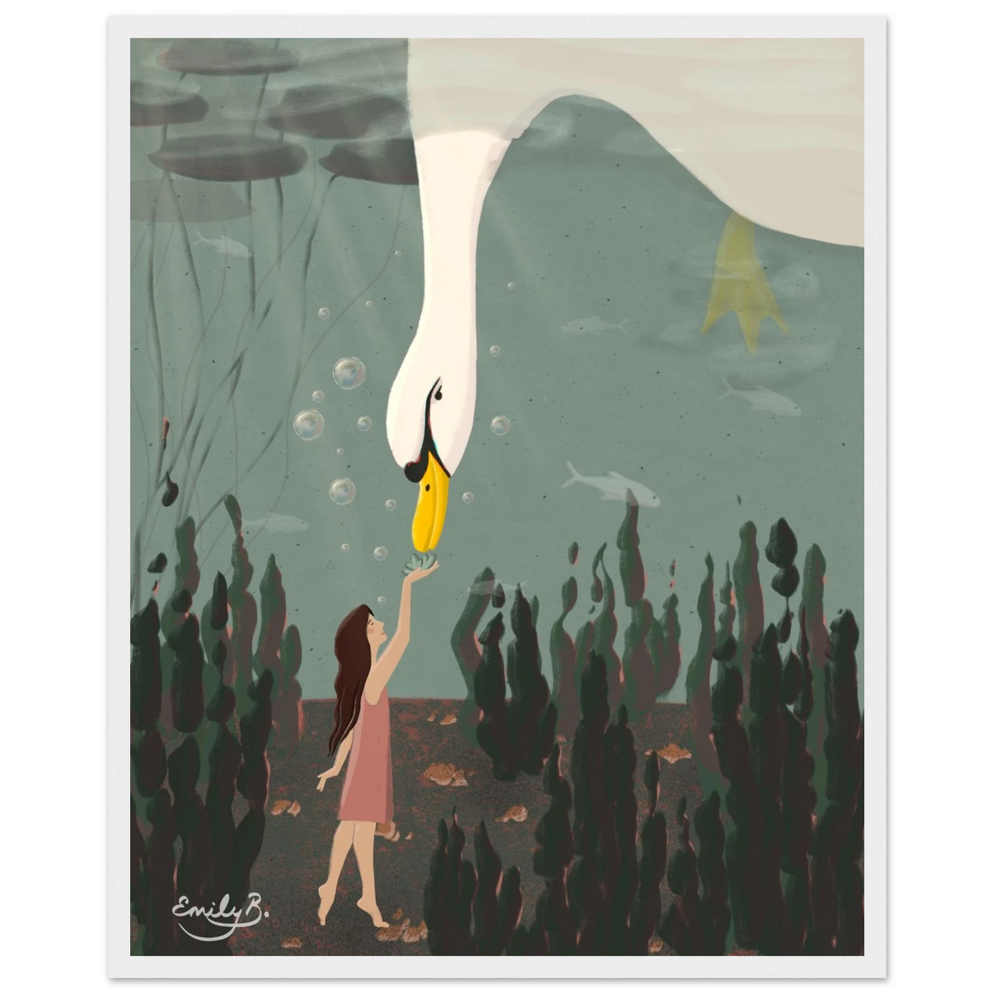 Swan Underwater framed art print by Emily B. Studio showing a swan meeting a girl underwater