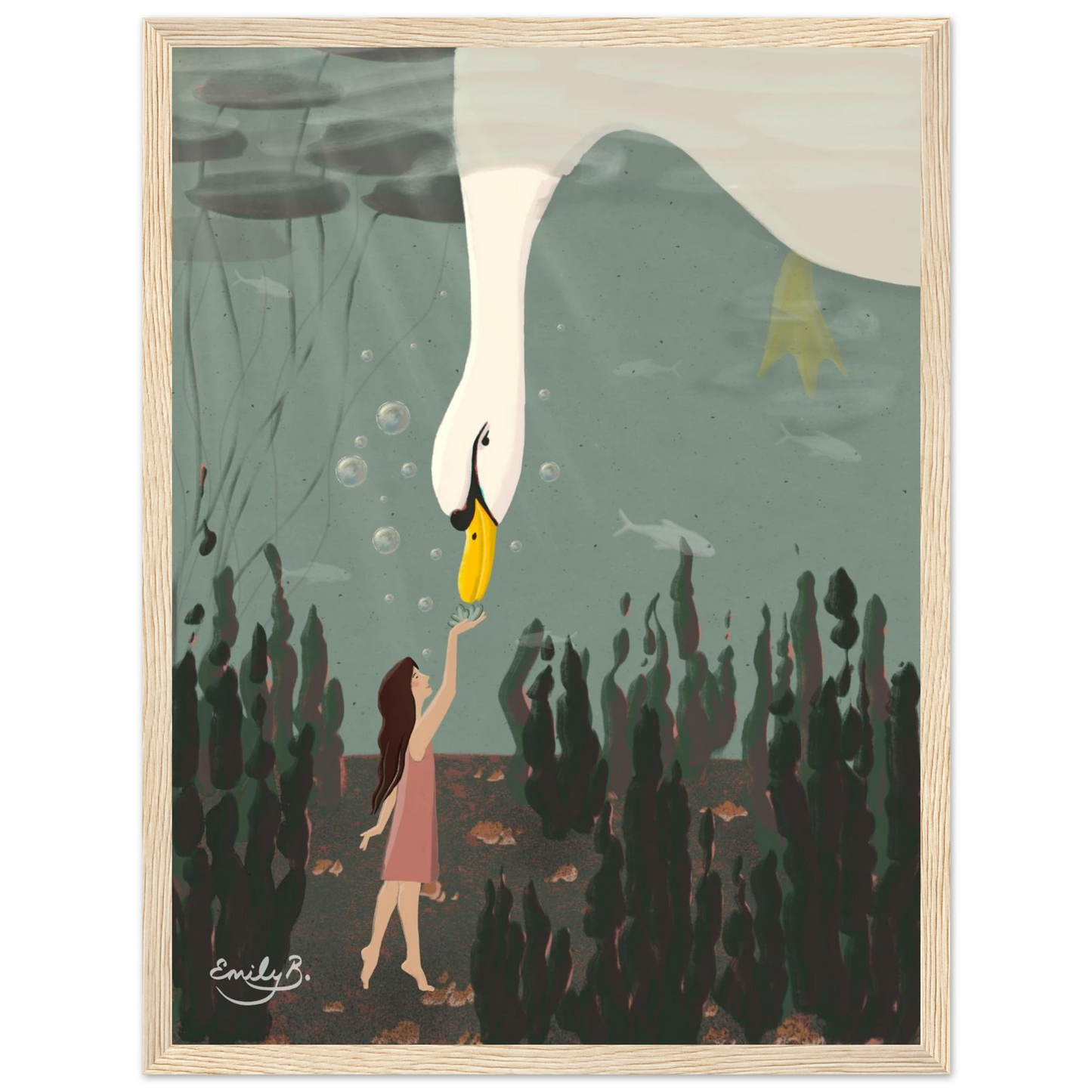 Surreal framed Swan Underwater art print for imaginative home decor