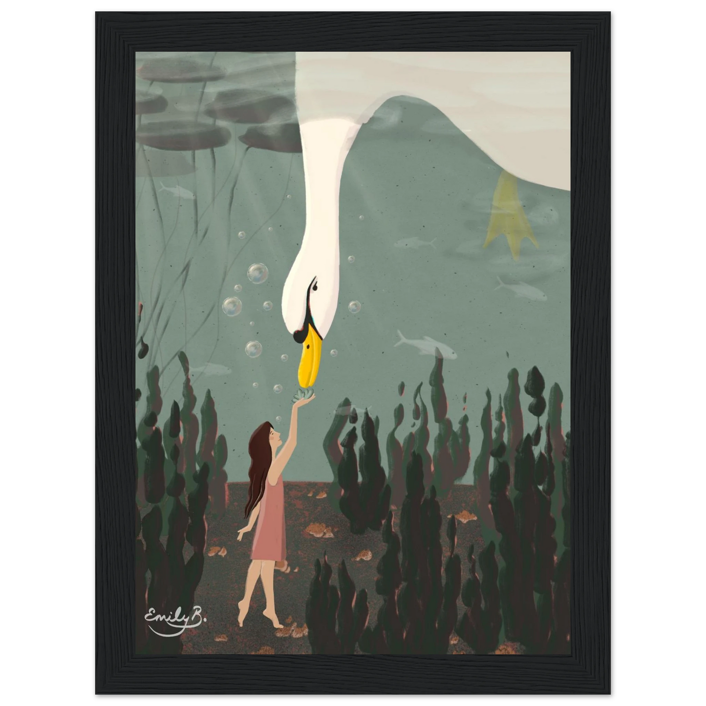Framed Swan Underwater signed art print featuring a girl and swan in a magical scene