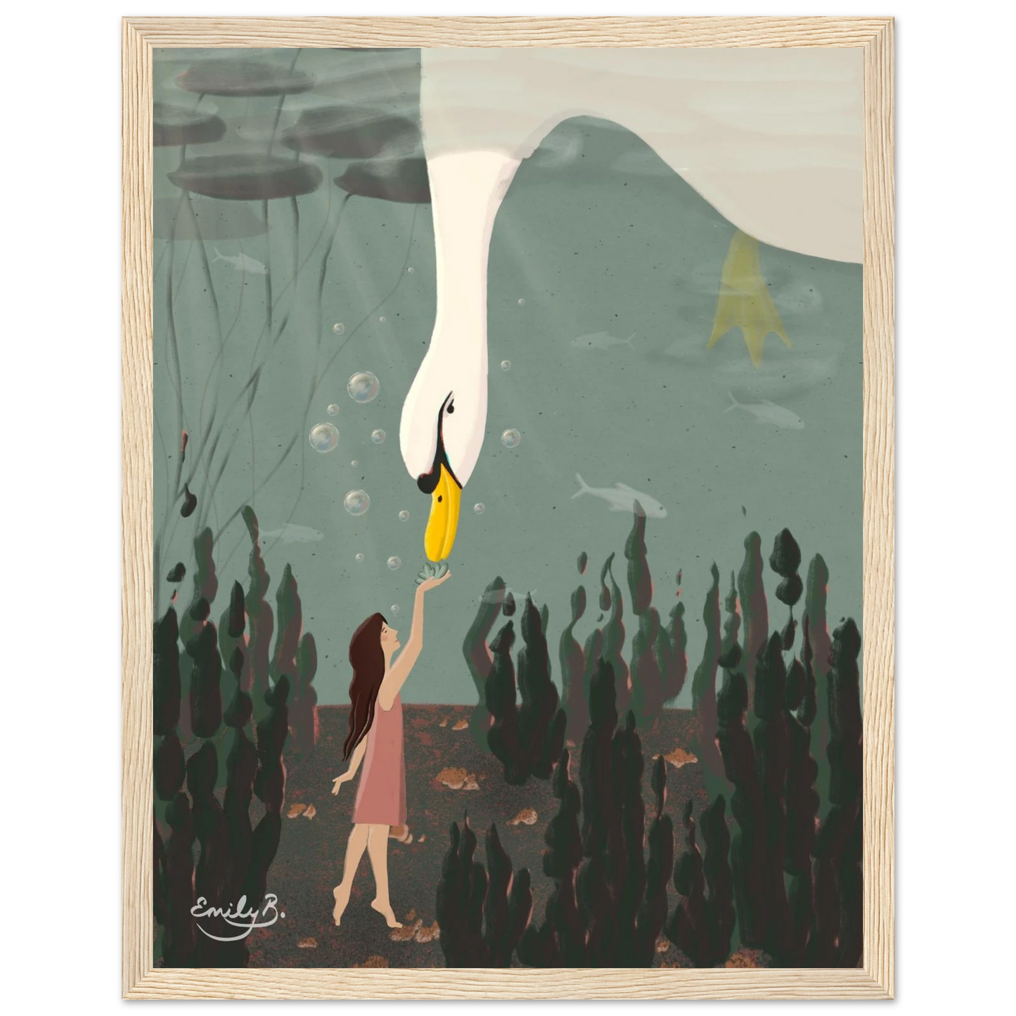 Detailed framed animal illustration print showing underwater connection between girl and swan