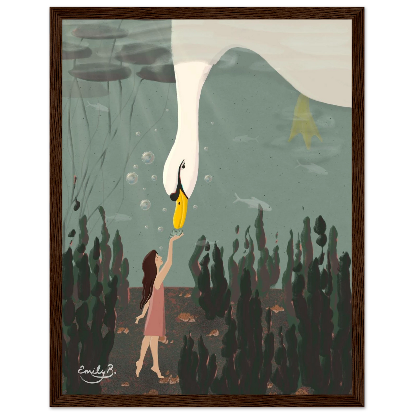 Elegant framed illustration of a swan meeting a girl underwater in soft colors