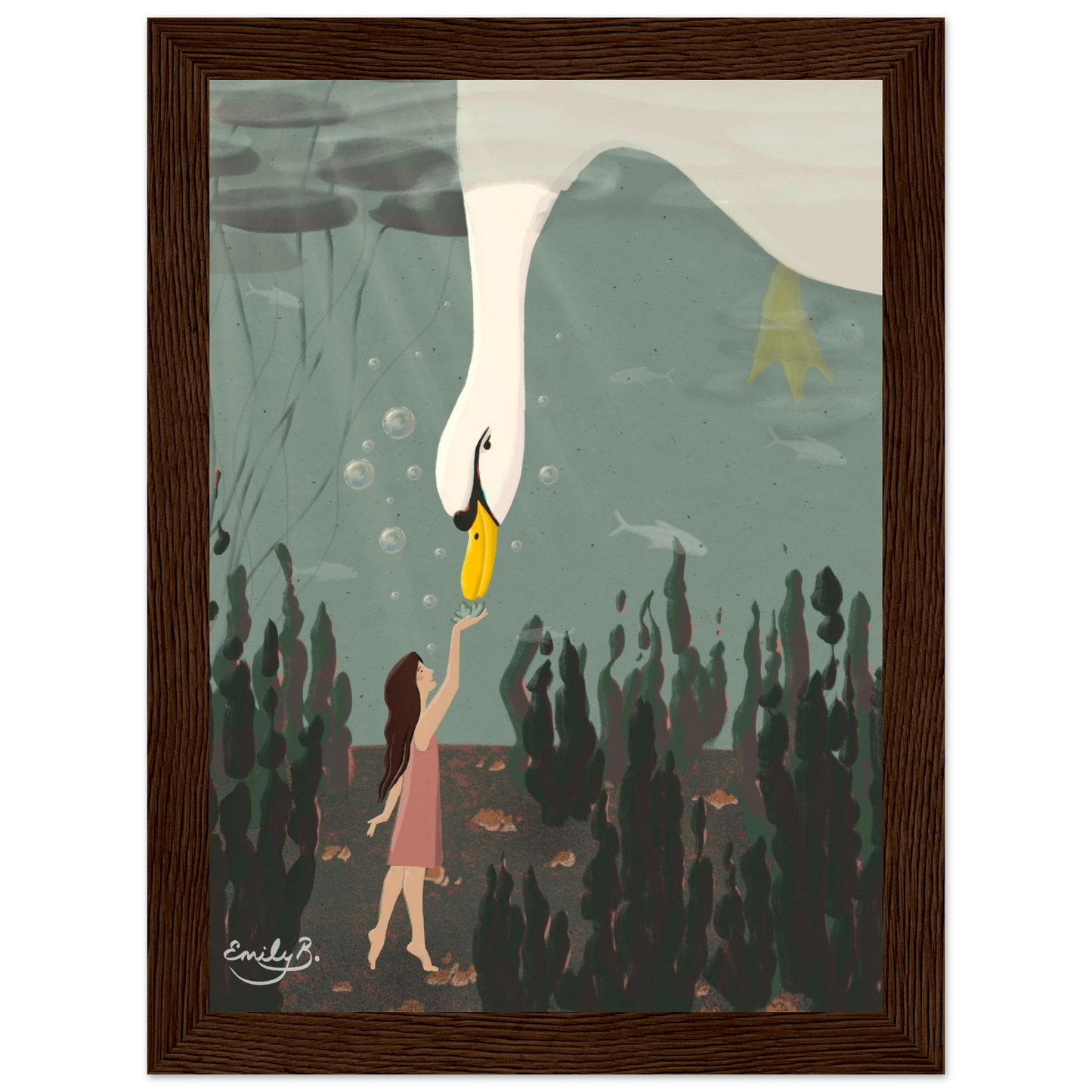 Whimsical framed illustration of a girl and swan underwater from the Kindred Creatures collection